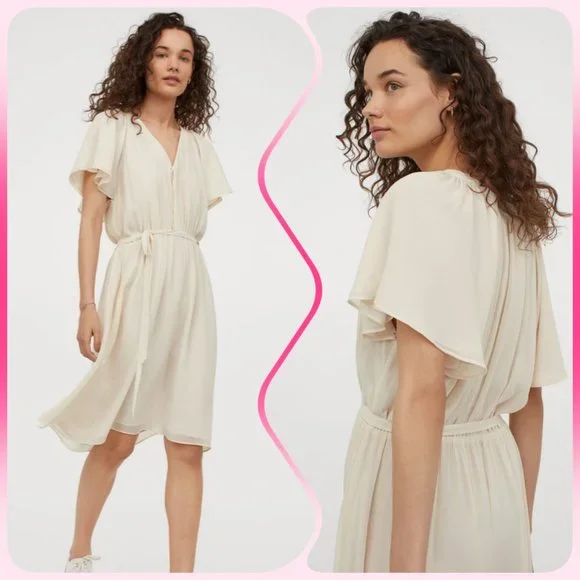 H&M Light beige V-neck Butterfly Sleeves Chiffon Dress Size